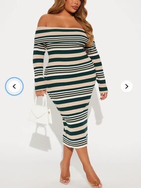 Off-Shoulder Striped Midi Dress in Green and Cream